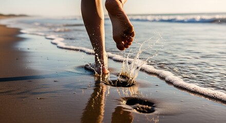 Barefoot legs splashing ocean water on a golden hour beach.