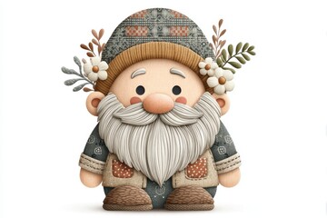 Cute Whimsical Gnome Illustration with Floral Crown and Knitted Hat