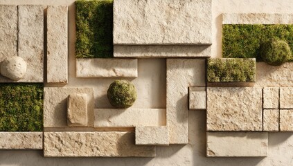 Beige stone blocks with patches of moss, arranged in a patterned maze