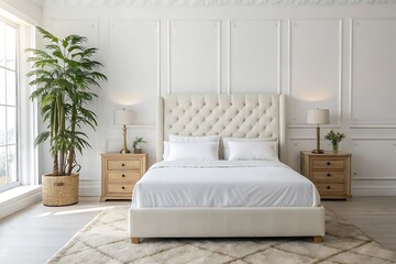 Elegant bedroom with tufted headboard and potted plant Keywords: bedroom, interior, bed