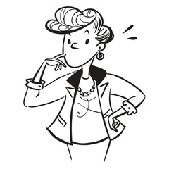one fashionable women in a 1950s-inspired black-and-white cartoon style, bold lines, confident poses, one in a skirt suit, the other in a short skirt and sweater, mid-century modern illustration style