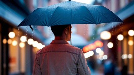 Man standing in the rain holding an umbrella