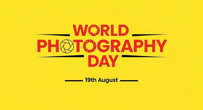 World photography day celebration with camera lens graphic and august 19th date