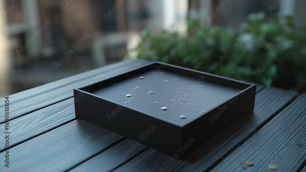 Poster empty black square tray resting on wooden table with blurred background