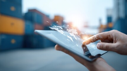 Global Logistics Management: Man Using Tablet for Supply Chain Tracking and International Shipping Operations
