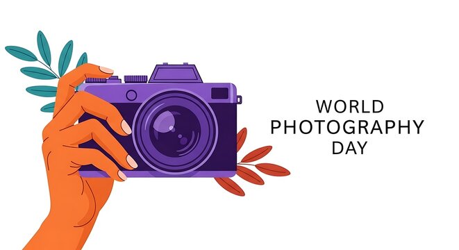 Hand holding vintage camera celebrating world photography day with floral accents