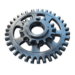 Metallic cogwheel, industrial machine component, mechanical engineering element for teamwork on transparent background