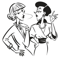 Two fashionable women in a 1950s-inspired black-and-white cartoon style, bold lines, confident poses, one in a skirt suit, the other in a short skirt and sweater, mid-century modern illustration style