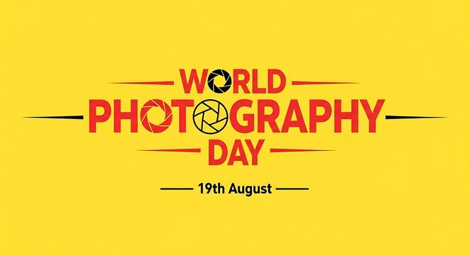 World photography day celebration with camera lens graphic and august 19th date