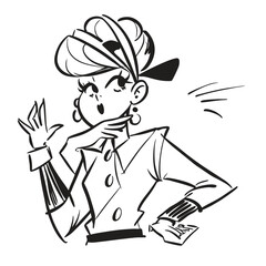 Two fashionable women in a 1950s-inspired black-and-white cartoon style, bold lines, confident poses, one in a skirt suit, the other in a short skirt and sweater, mid-century modern illustration style