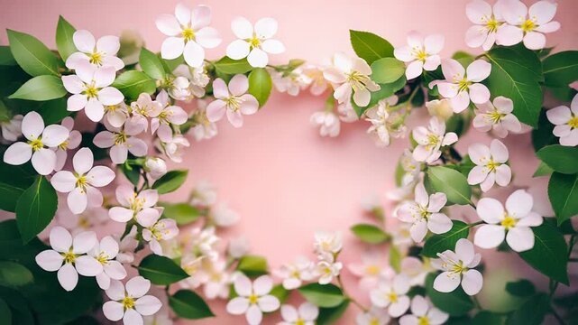 Blooming apple tree branches framing pink background for spring design