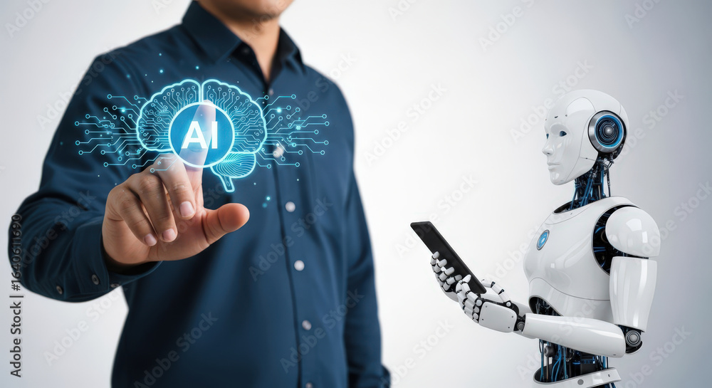 Poster artificial intelligence integration a human hand interacting with ai brain and robot assistant for t