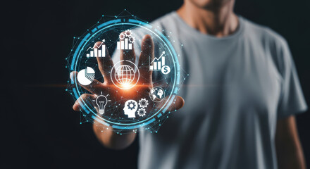 Global Business Network A Person's Hand Interacting with a Holographic Display of Worldwide Icons Representing International Collaboration and Digital Connectivity