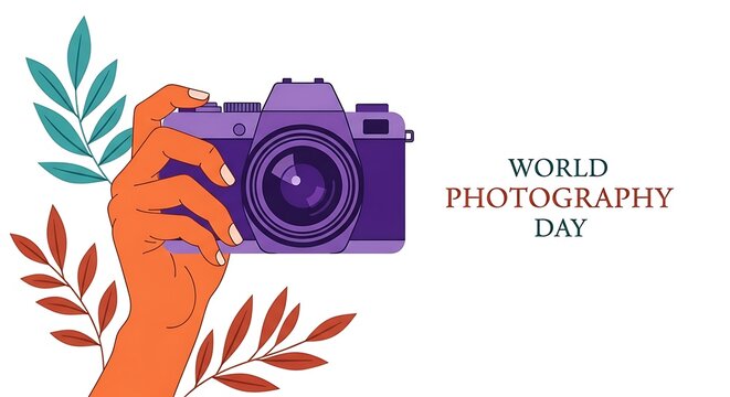 Hand holding a vintage camera celebrating world photography day with floral elements
