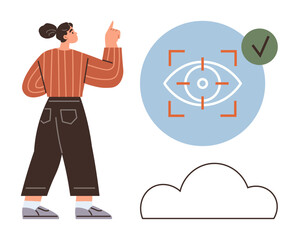 Woman pointing at large eye icon with focus lines and green checkmark above a cloud outline. Ideal for vision, focus, analysis, success, cloud storage, strategy, achievement. Simple flat metaphor