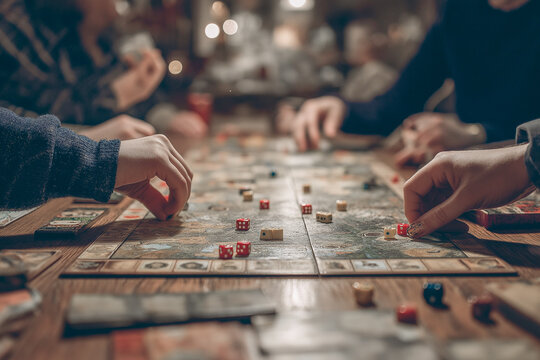A close-up of the hands of people playing a board game. There is a large board on the table with chips and dice arranged on it. The image focuses on the players' actions, their hands moving the chips, - Powered by Adobe