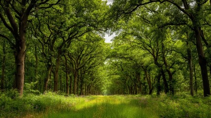 Fototapeta premium Lush Green Forest Canopy with Sunlight Streaming Through, Creating a Serene and Inviting Natural Landscape