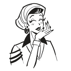 fashionable women in a 1950s-inspired black-and-white cartoon style, bold lines, confident poses, one in a skirt suit, the other in a short skirt and sweater, mid-century modern illustration style