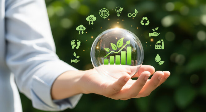 Sustainable Business Growth A Hand Holding a Glass Sphere Encapsulating Green Initiatives and Rising Bar Graphs Symbolizing Environmental and Economic Harmony
