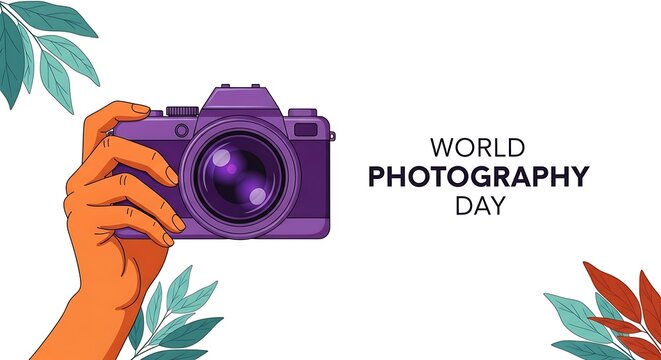 Hand holding a purple camera celebrating world photography day with foliage