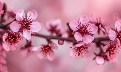 Obraz premium Close up of blooming cherry blossoms on branch with soft pink color palette