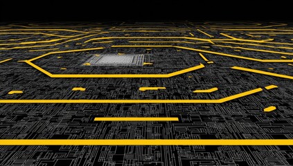 Abstract circuit board, perspective view.  Yellow lines highlight intricate pathways