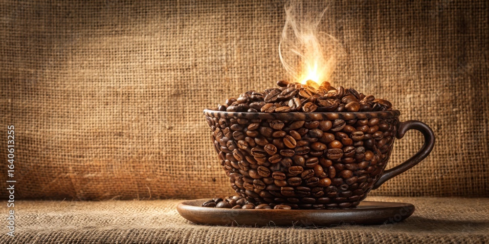 Poster aromatic coffee beans in a unique cup, glowing with warmth and embracing a rustic setting