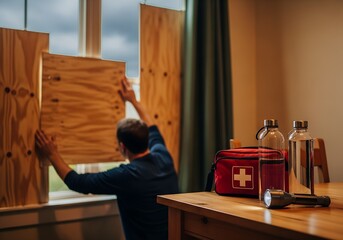 Man boarding window with emergency kit for storm preparation.
