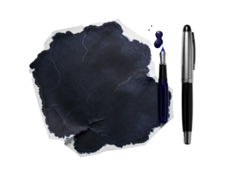 Dried deep dark blue cracked stain on warped paper, beside sleek resin fountain pen with fresh leak, on transparent background, soft light, scientific study aesthetic.
