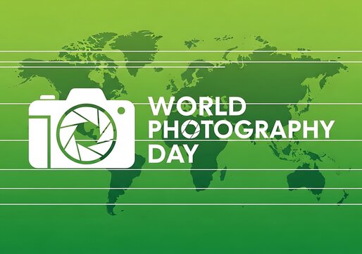 World photography day celebration with camera icon and global map