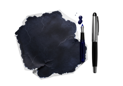Dried deep dark blue cracked stain on warped paper, beside sleek resin fountain pen with fresh leak, on transparent background, soft light, scientific study aesthetic.