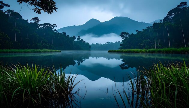 Misty lake in a rainforest - Powered by Adobe
