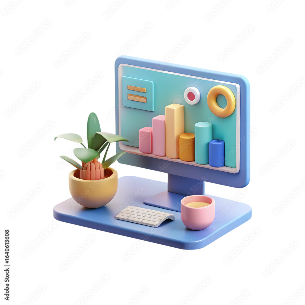 Fototapete 3d rendering of a computer monitor displaying a financial chart with a plant and coffee cup isolated