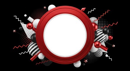 Geometric Abstraction: An eye-catching visual composition, featuring a central red circular frame surrounded by an array of three-dimensional geometric shapes, against a bold black backdrop. 