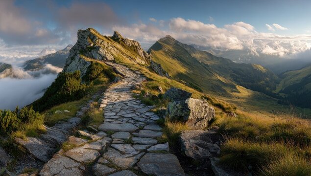 Mountain path winding upward through rocky peaks