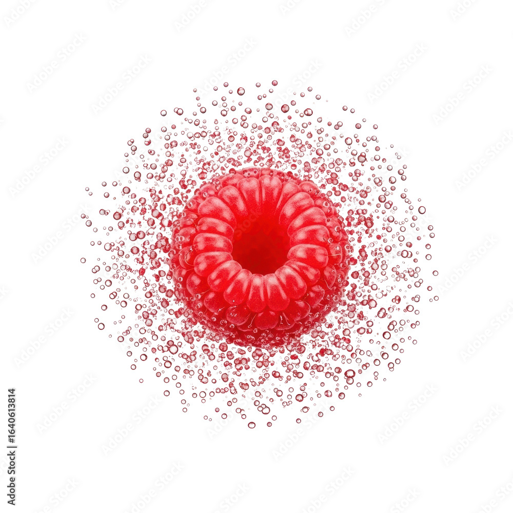 Poster a vibrant red raspberry bursts in a dynamic high-speed macro shot, forming a suspended halo of trans