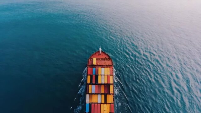 Container ship carrying colorful cargo containers sailing on calm blue ocean water, showcasing freight transportation and shipping vessel moving across vast sea with smooth water surface