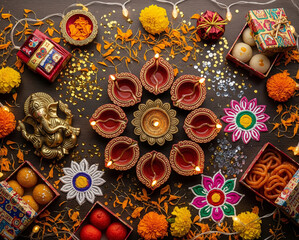 Hindu festival of lights concept with Ganesha, diya oil lamps, and traditional sweets