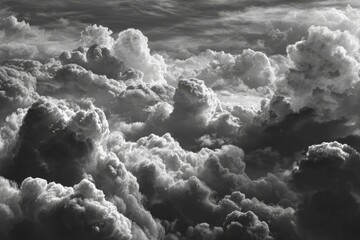 A dense, dramatic black and white view of towering cumulus clouds. 