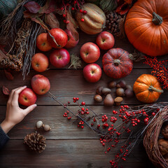 An overhead view of an autumn composition against a dark, worn wooden table. The center of the frame features a variety of harvest produce: red apples, orange pumpkins, decorative squash, bunches of b