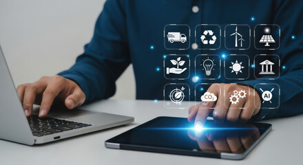 Naklejka premium Sustainable Technology Integration A Vision of Eco Friendly Solutions and Digital Transformation for a Greener Future with Renewable Energy and Environmental Responsibility