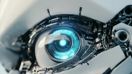 Futuristic robot eye showing glowing blue iris scanning its surroundings - Powered by Adobe