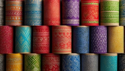 Rolled fabric swatches, vibrant, patterned