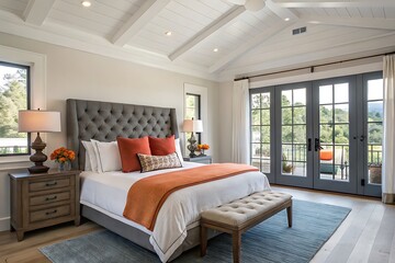 Modern Bedroom with Vaulted Ceiling and Scenic French Doors