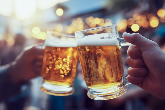 A close-up stock photo of a toast moment. Two friends clink large glass mugs of beer. The image is taken outdoors, perhaps at a summer cafe, pub or festival. The beautiful blurred background with boke
