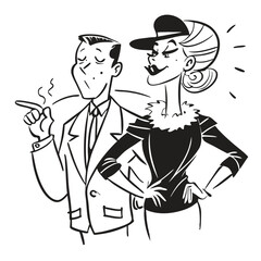 Two fashionable women in a 1950s-inspired black-and-white cartoon style, bold lines, confident poses, one in a skirt suit, the other in a short skirt and sweater, mid-century modern illustration style