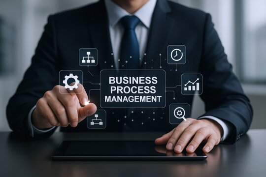Businessman Activating Business Process Management Interface on Tablet for Optimization and Efficiency in Workflow