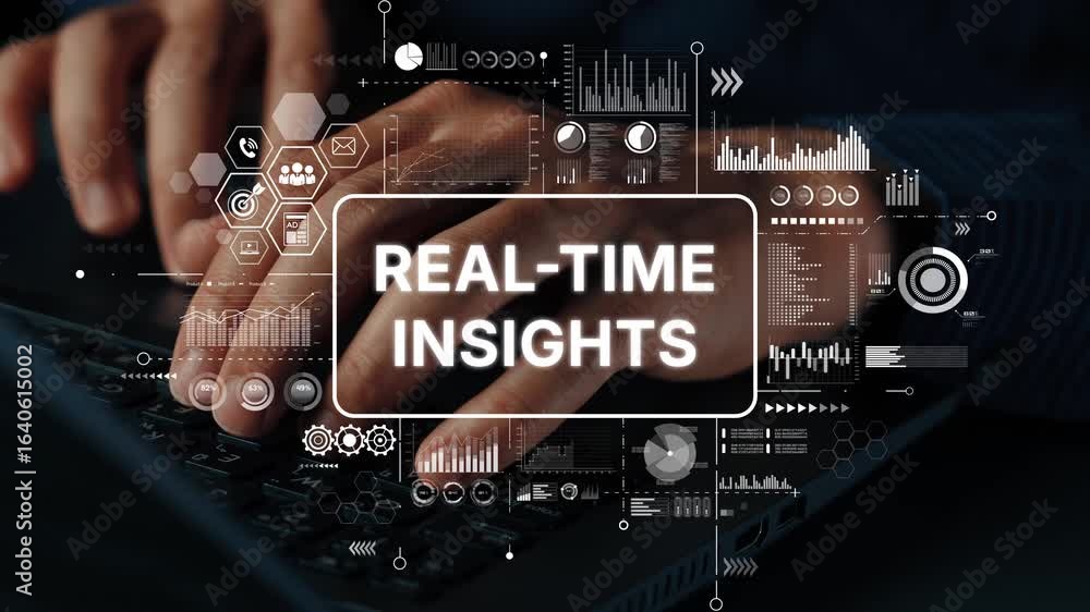 Poster analyzing data through digital interface with real-time insights displayed on a modern computer scre