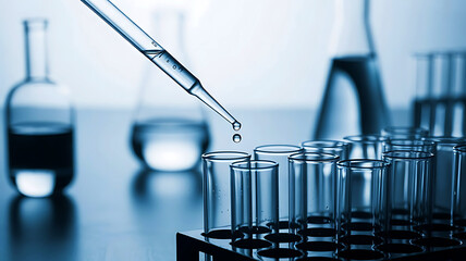 Close up of a pipette dripping liquid into a row of test tubes in a laboratory setting