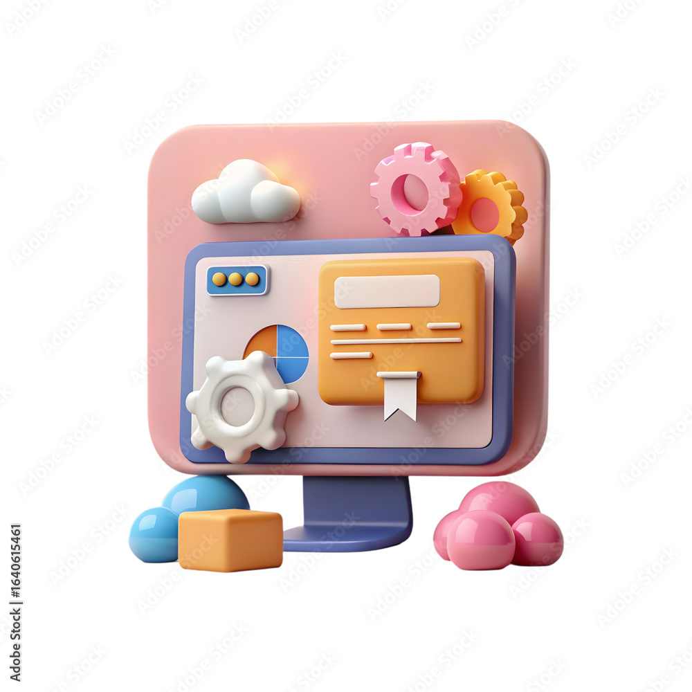 Aufkleber cute 3d computer monitor with gears and clouds isolated on transparent background